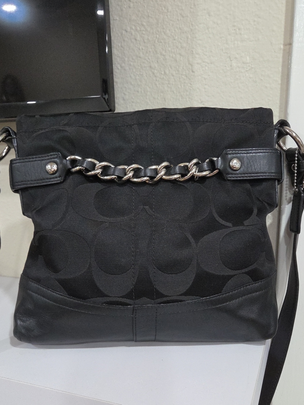 Coach Black Signature Canvas Shoulder Bag with Chain Accent